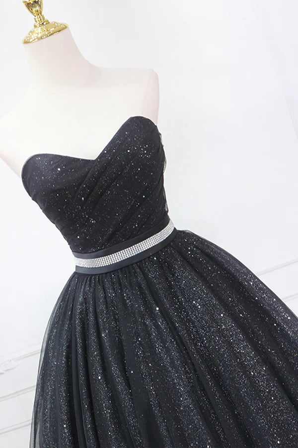 Black Strapless Shiny Tulle Tea Length Prom Dress Black A-Line Homecoming Dress