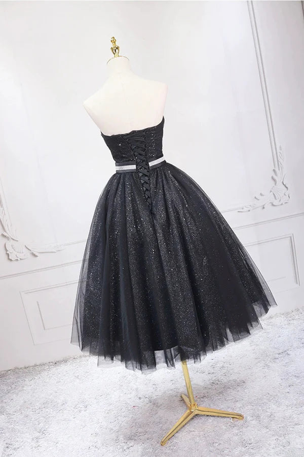 Black Strapless Shiny Tulle Tea Length Prom Dress Black A-Line Homecoming Dress