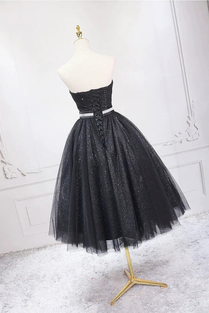 Black Strapless Shiny Tulle Tea Length Prom Dress Black A-Line Homecoming Dress