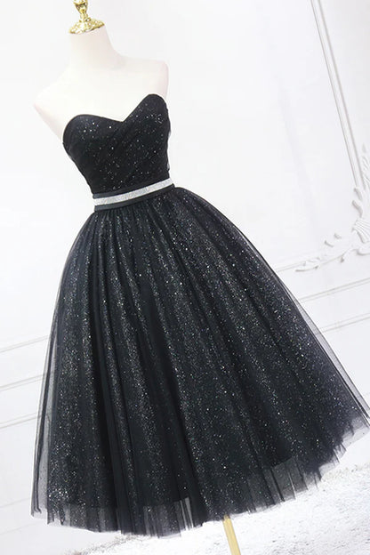 Black Strapless Shiny Tulle Tea Length Prom Dress Black A-Line Homecoming Dress