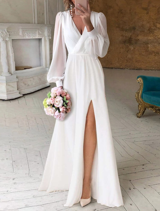 Reception Little White Dresses Simple Wedding Dresses A-Line V Neck Long Sleeve Floor Length Chiffon Bridal Gowns With Ruched