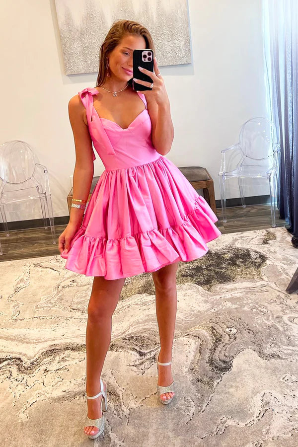 Pink Short Graduation Dress Cute A-line Sweetheart Satin Pink Homecoming Dress