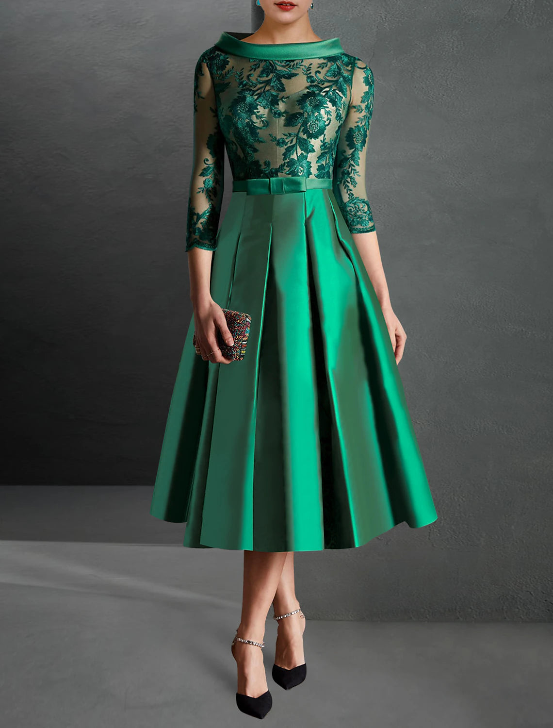 A-Line Cocktail Dress Red Green Dresses Formal Kentucky Derby Tea Length 3/4 Length Sleeve Jewel Neck Fall Wedding Guest Satin with Pleats Appliques