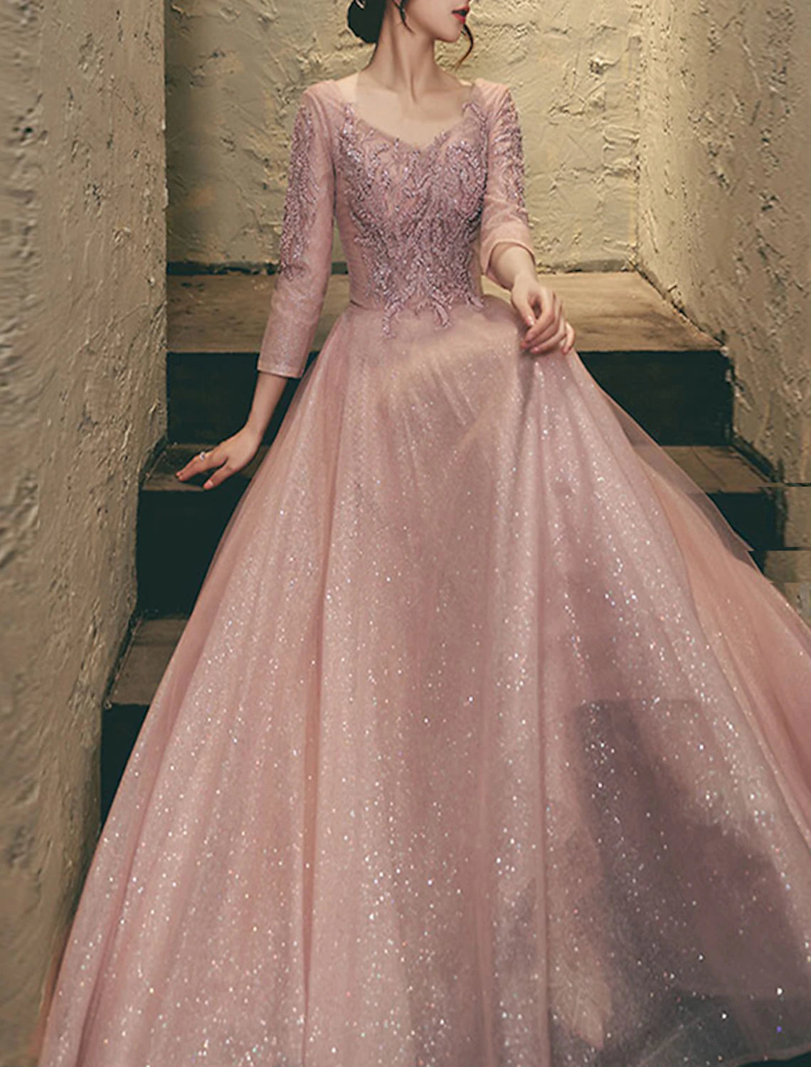 A-Line Prom Dresses Sparkle & Shine Dress Wedding Guest Prom Floor Length 3/4 Length Sleeve V Neck Lace with Appliques