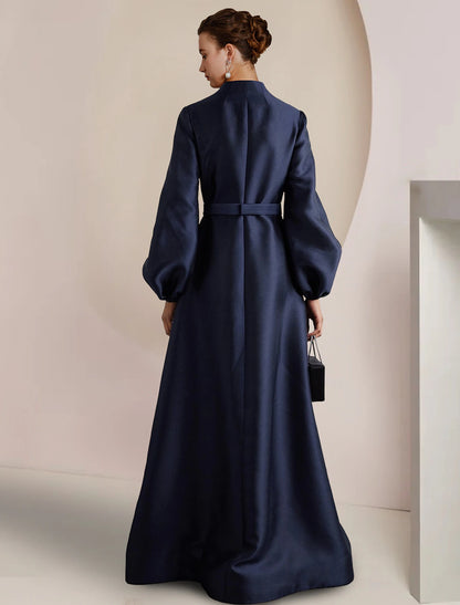 A-Line Mother of the Bride Dress Wedding Guest Party Elegant V Neck Floor Length Satin Long Sleeve with Pearls
