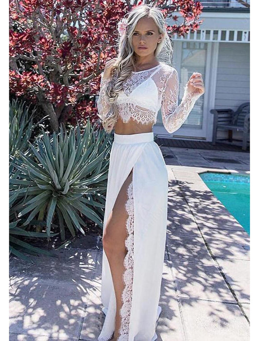 Two Piece A-Line Prom Dresses High Split Dress Formal Prom Floor Length Long Sleeve Jewel Neck Chiffon