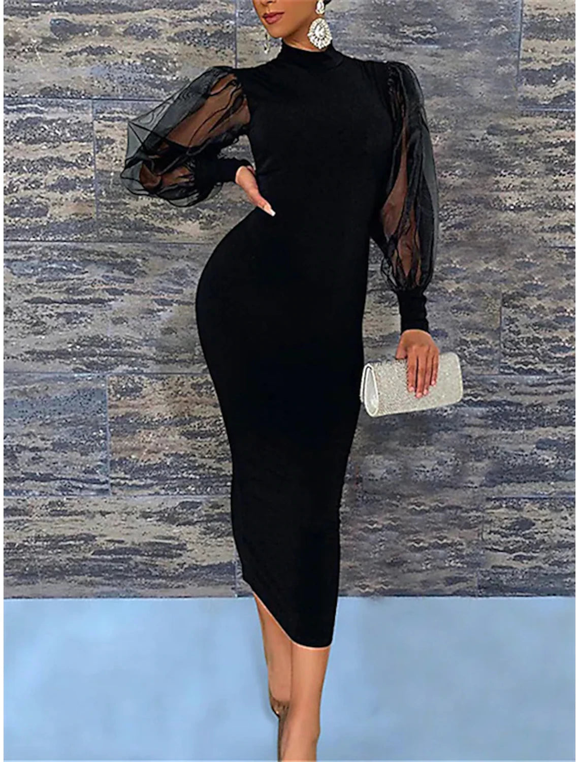 Sheath / Column Wedding Guest Dresses Elegant Dress Party Wear Semi Formal Tea Length Long Sleeve High Neck Stretch Chiffon with Pure Color