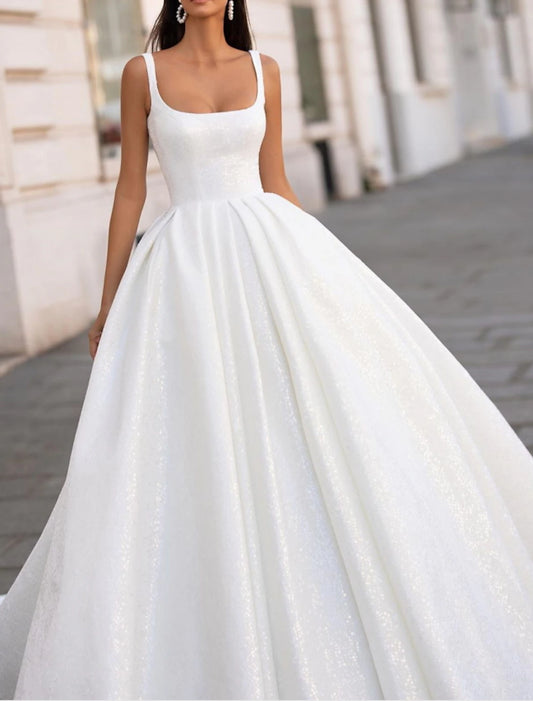 Engagement Formal Wedding Dresses Ball Gown Square Square Neck Sleeveless Floor Length Satin Bridal Gowns With Pleats
