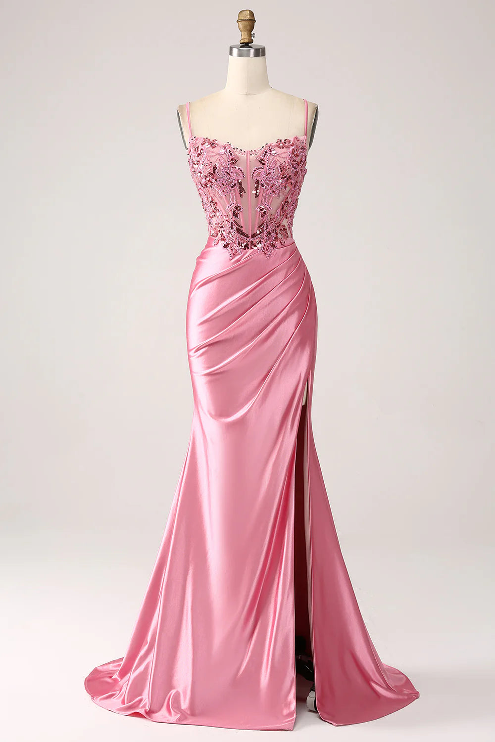 Beaira Pink Mermaid Spaghetti Straps Sequin Corset Prom Dress with Slit