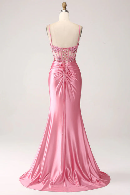 Beaira Pink Mermaid Spaghetti Straps Sequin Corset Prom Dress with Slit