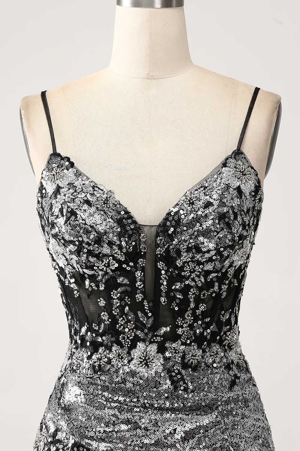 Beaira Black Sparkly Mermaid Spaghetti Straps Corset Prom Dress with Slit