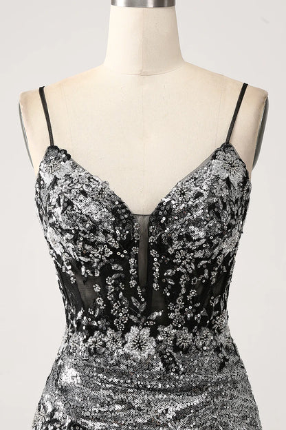 Beaira Black Sparkly Mermaid Spaghetti Straps Corset Prom Dress with Slit