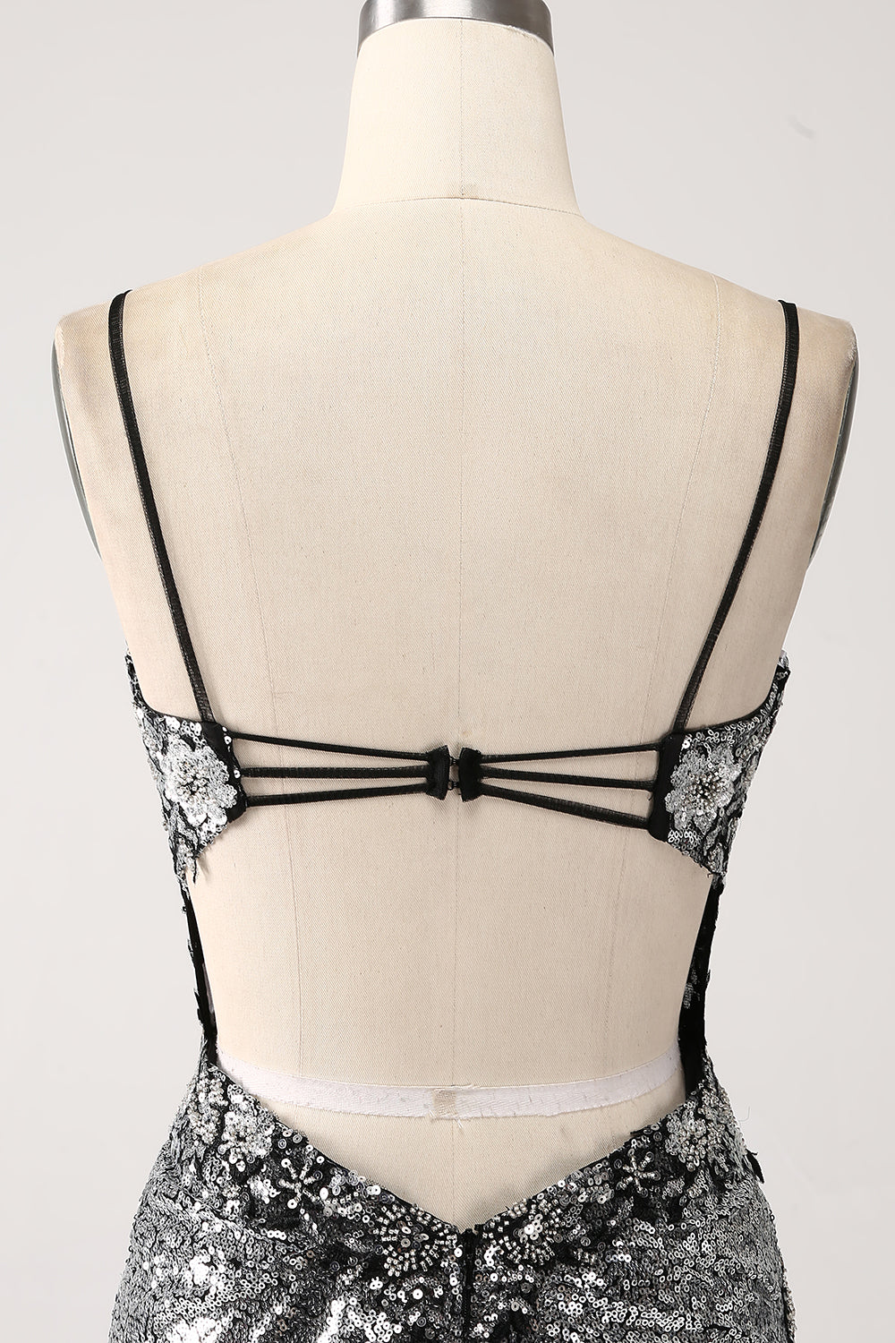 Beaira Black Sparkly Mermaid Spaghetti Straps Corset Prom Dress with Slit