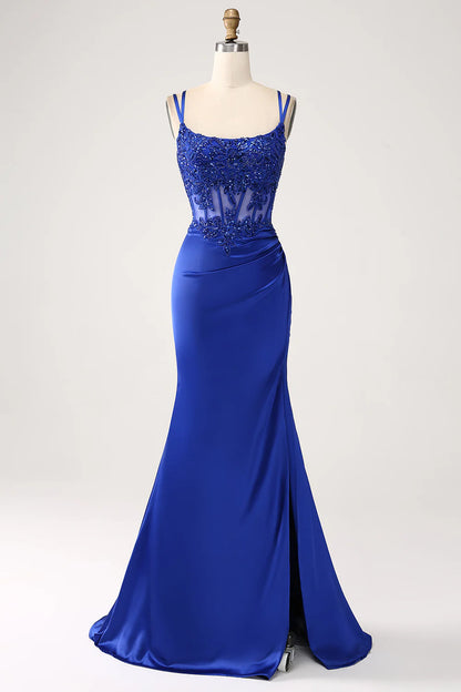 Beaira Royal Blue Mermaid Corset Beaded Long Prom Dress with Slit