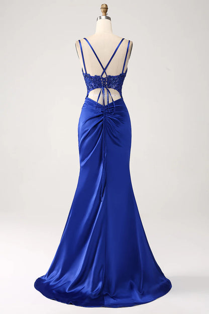 Beaira Royal Blue Mermaid Corset Beaded Long Prom Dress with Slit