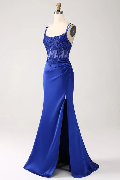 Beaira Royal Blue Mermaid Corset Beaded Long Prom Dress with Slit
