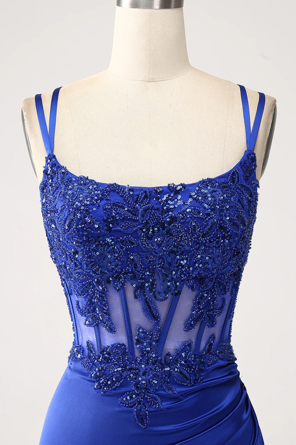 Beaira Royal Blue Mermaid Corset Beaded Long Prom Dress with Slit