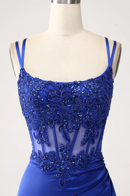 Beaira Royal Blue Mermaid Corset Beaded Long Prom Dress with Slit