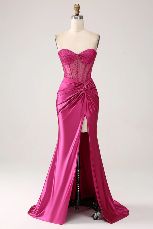 Beaira Fuchsia Mermaid Sweetheart Pleated Long Corset Satin Prom Dress With Slit