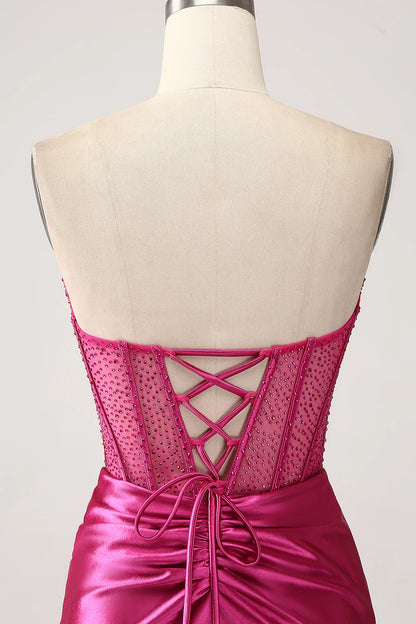 Beaira Fuchsia Mermaid Sweetheart Pleated Long Corset Satin Prom Dress With Slit