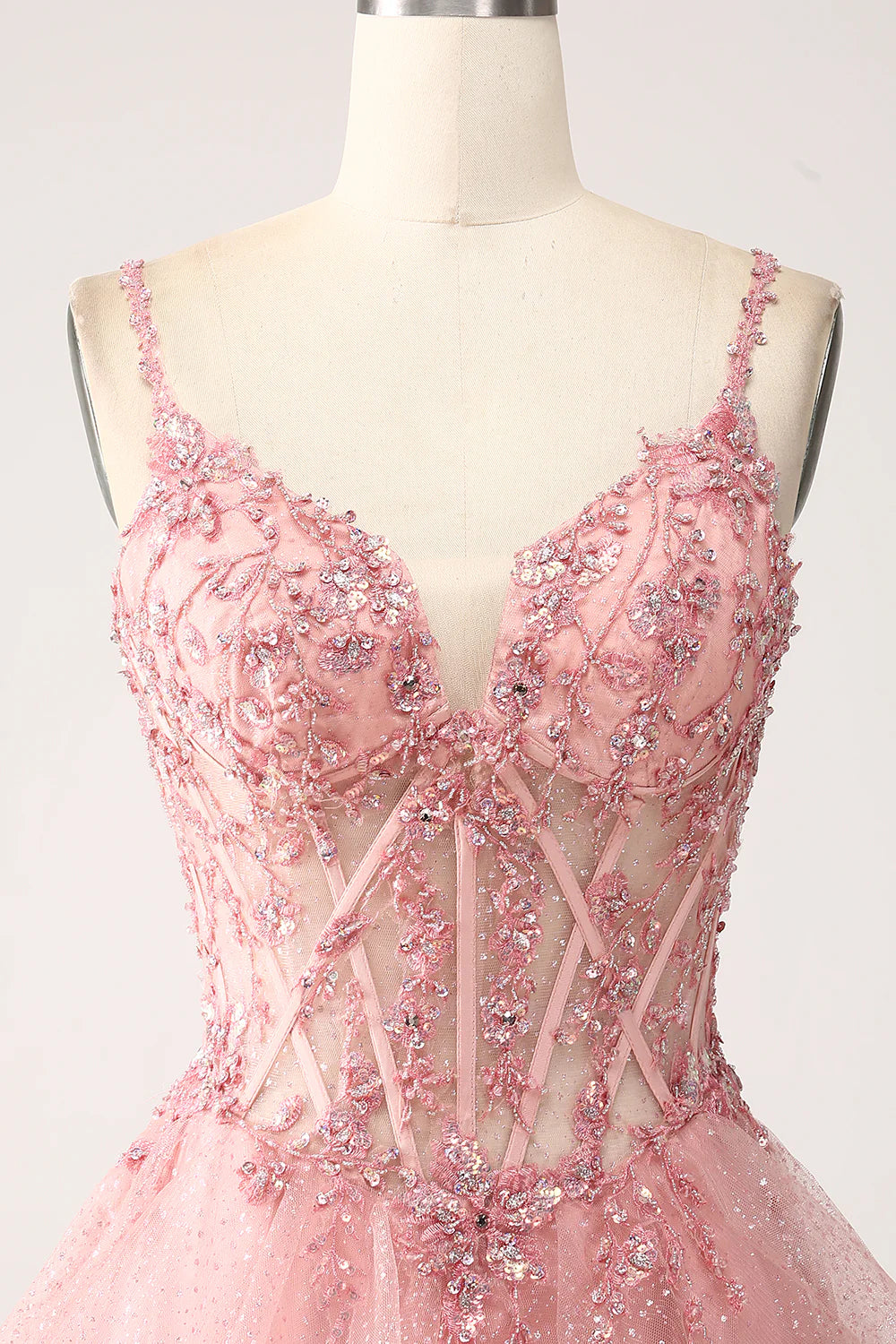 Beaira Blush A-Line Spaghetti Straps Tiered Tulle Corset Long Prom Dress