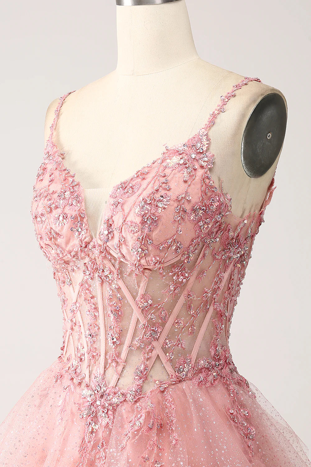 Beaira Blush A-Line Spaghetti Straps Tiered Tulle Corset Long Prom Dress