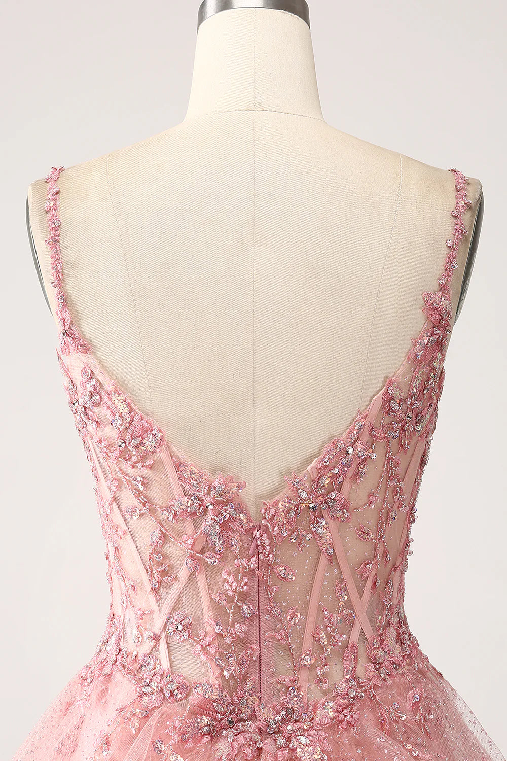 Beaira Blush A-Line Spaghetti Straps Tiered Tulle Corset Long Prom Dress