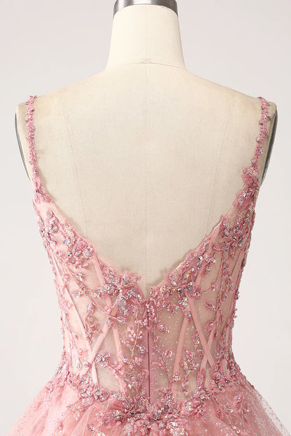 Beaira Blush A-Line Spaghetti Straps Tiered Tulle Corset Long Prom Dress