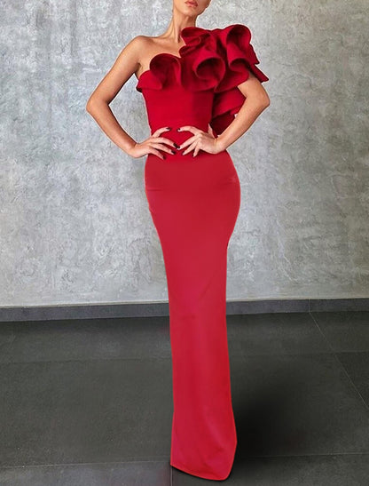 Mermaid Red Green Dress Evening Gown Celebrity Style Dress Formal Wedding Guest Floor Length Sleeveless One Shoulder Stretch Fabric with Ruffles