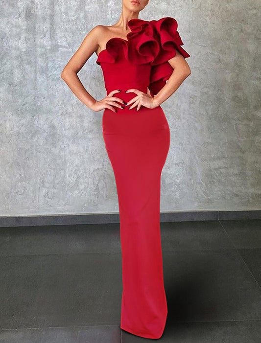 Mermaid Red Green Dress Evening Gown Celebrity Style Dress Formal Wedding Guest Floor Length Sleeveless One Shoulder Stretch Fabric with Ruffles