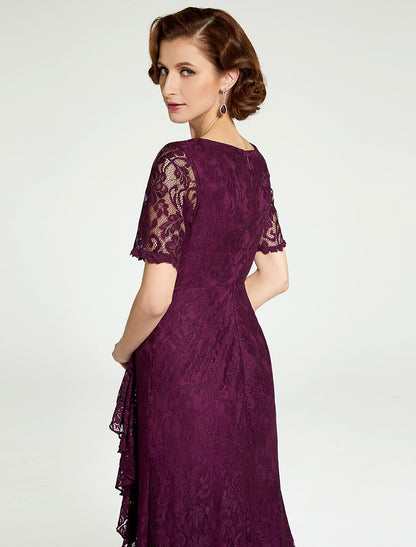 Sheath / Column Mother of the Bride Dress V Neck Floor Length Lace Short Sleeve with Lace Beading