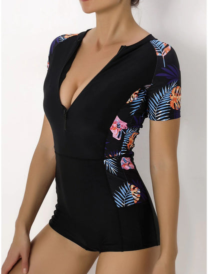 Women's Normal Swimwear Rash Guard Diving Bathing Suits Swimsuit Zipper UV Protection Modest Swimwear Tummy Control Printing Leaf Scoop Neck Vacation Stylish Bathing Suits