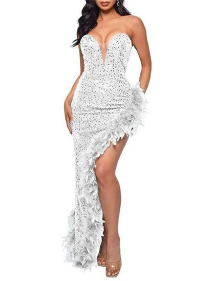 Mermaid / Trumpet Evening Gown Sparkle & Shine Dress Formal Wedding Guest Floor Length Sleeveless Strapless Sequined with Feather Sequin Slit