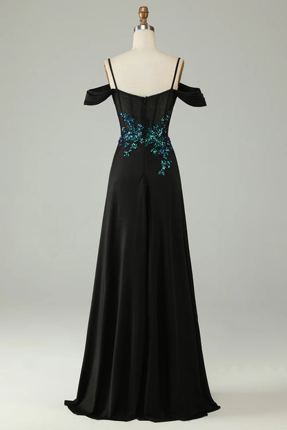 Beaira Cold Shoulder Black Sequins Corset Long Prom Dress