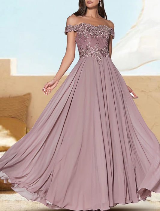 A-Line Evening Gown Luxurious Dress Formal Wedding Guest Floor Length Short Sleeve Off Shoulder Chiffon with Appliques Pure Color