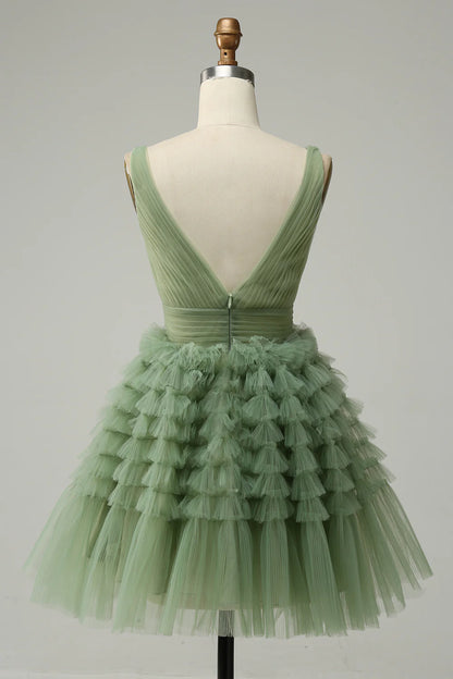 Beaira Green Tulle V-Neck Short Prom Dress With Open Back