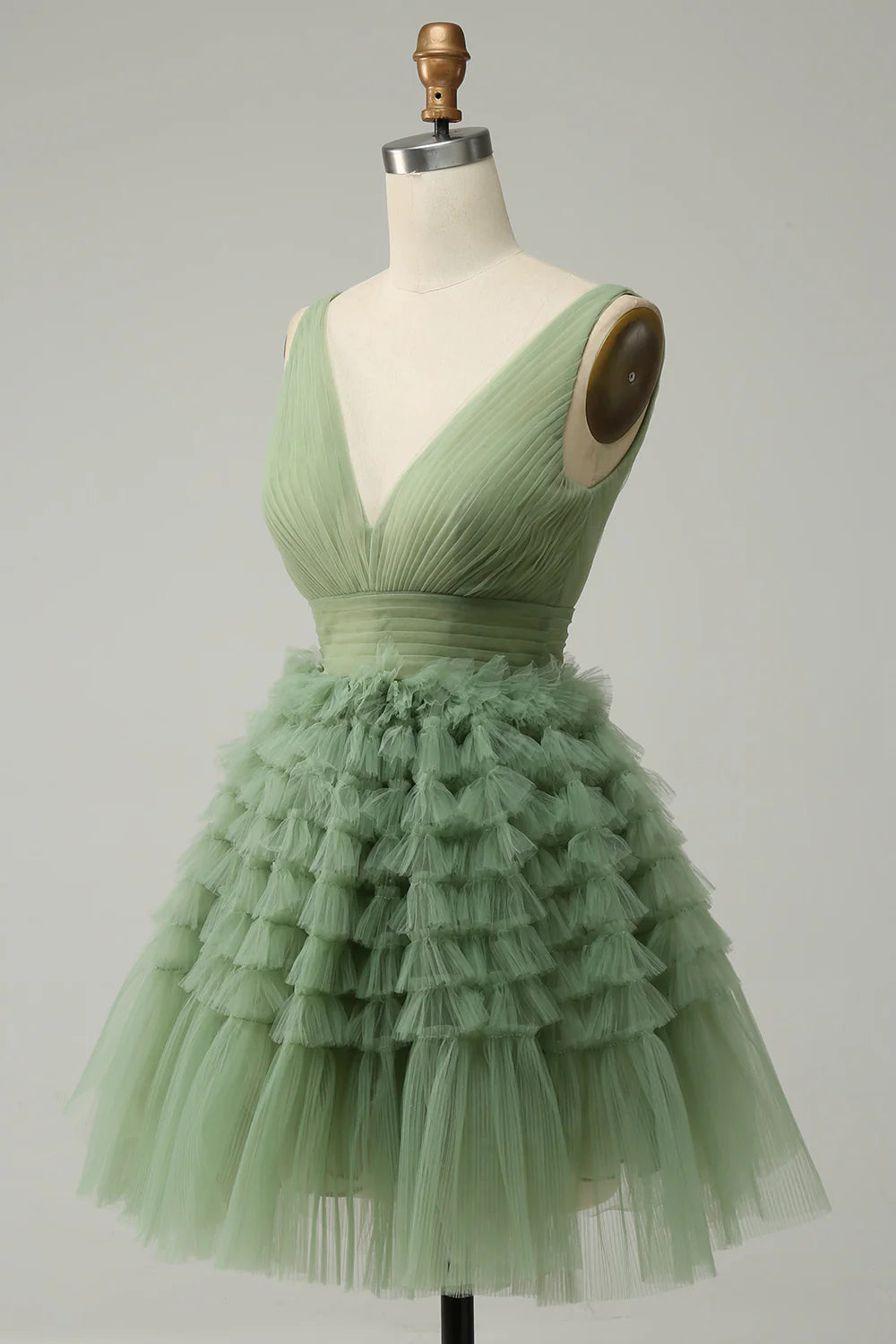 Beaira Green Tulle V-Neck Short Prom Dress With Open Back