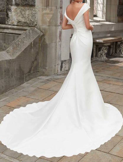 Engagement Formal Wedding Dresses Mermaid / Trumpet Off Shoulder Cap Sleeve Chapel Train Satin Bridal Gowns With Ruched Draping