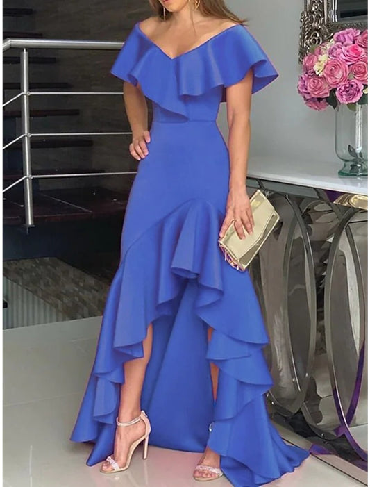 A-Line Wedding Guest Dresses Minimalist Dress Wedding Party Semi Formal Asymmetrical Sleeveless V Neck Satin with Ruffles Slit